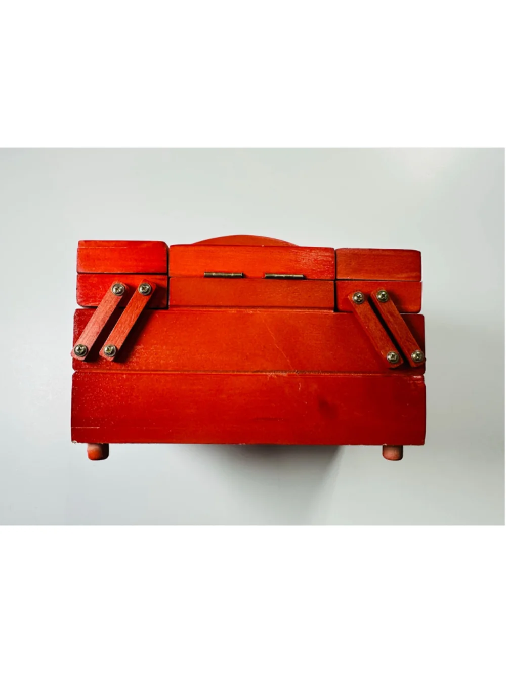Mini Red Wooden Accordion Sewing Box Craft Organizer